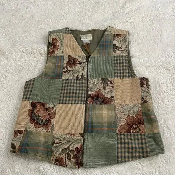 VTG Susan Bristol Womens Vest Green Floral Patchwork Cottage Prairie Westen Boho - Picture 1 of 5